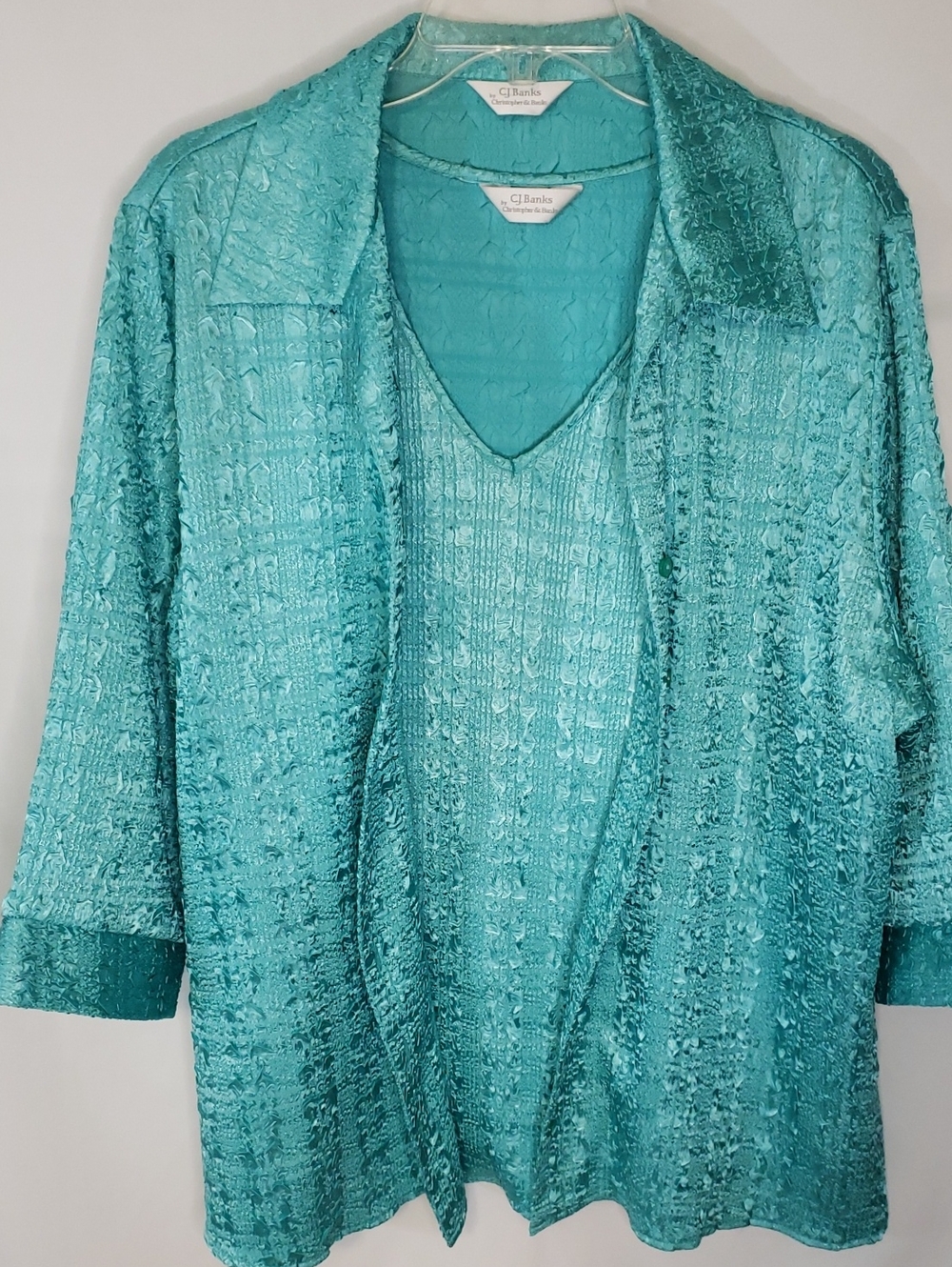 CJ Banks Shimmer Crinkled Turquoise 3/4 Sleeve Blouse and Matching Shell